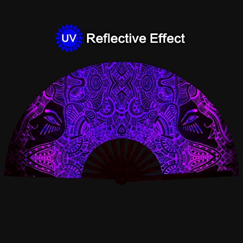 UV Glow Rave Fan, Bamboo Folding Clack Hand Fans Foldable for Men Women, Poping Fan for EDM Festival Line Dance Decoration, (Kaleidoscope Girls, Large 13") - color: Kaleidoscope Girls, size: Large 13"