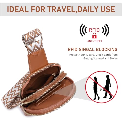 DIOMO Anti Theft Small Sling Bag for Women Cross Body Bag Trendy, RFID Fanny Packs Vegan Leather for Women Travel Belt Purse - color: Brown-Gold Zipper