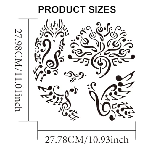 MAYJOYDIY Musical Bird Stencils 11.8×11.8inch Large Music Note Bird Painting Stencils with Paint Brush Artistic Peacock Drawing Template for Wood Wall Furniture Canvas Decor - color: Musical Bird