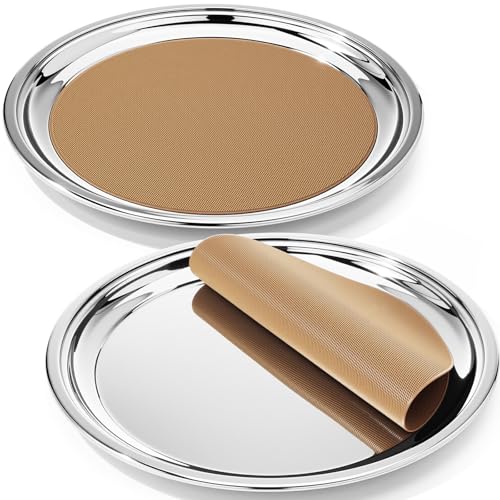Lemonroad 2 Set Round Silver Mirror Serving Tray 12.6 Inch - size: 12.6 Inch