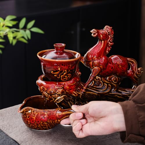 Ceramic Red Horse Teapot with Infuser - Chinese Gongfu Tea Set, 8 Cups, Semi Automatic Design for Loose Leaf Tea - color: Red Horse - B