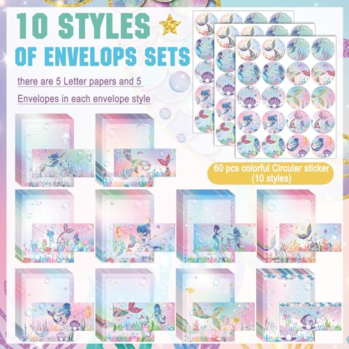 TaoBary 160 Pcs Mermaid Stationery Paper and Envelopes Set, 8.5 x 11'' - size: 8.5 x 11 Inch, style: Mermaid