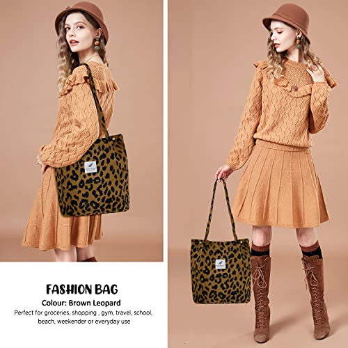 Ayieyill Corduroy Tote Bag for Women Canvas Shoulder Cord Purse with Inner Pocket - color: Brown Leopard