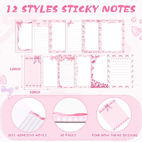 Dispowreath 24 Pcs Pink Bow Sticky Notes with Pens Coquette Gifts - style: Pink bow