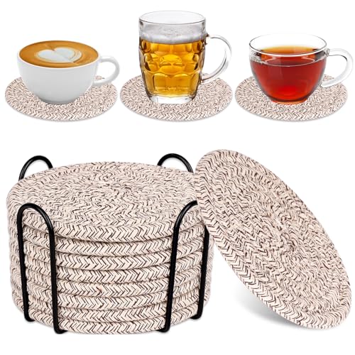 Mckanti 8 Pack Drink Coasters with Holder, Absorbent Coasters for Coffee Table, Minimalist Cotton Woven Coaster Set for Home Decor Tabletop Protection Suitable for Kinds of Cups, 4.3 Inches. - color: Color C