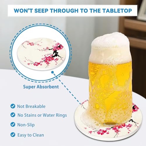 Drinks Coasters Set of 4, Japanese Sun Cherry Blossom Round 4" Cup Coasters, Absorbent Ceramic Stone Coasters with Cork Base, Cute Coasters for Table Home Décor, Ideal Gifts for Women Men - color: Japanese Sun Cherry Blossom