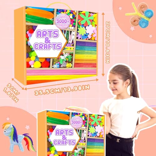 Arts and Crafts Supplies for Kids - 3000Pcs Craft Kit with Pipe Cleaners Crafts for Kids All in Art Crafting Box DIY School Supplies Materials Set Toys Gifts for Girls Boys Age 4 5 6 7 8 9 10 11 & 12 - color: Orange