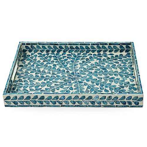 Serving Tray 15.7" X11.8", Lacquer Mother of Pearl Inlay Mosaic Tray, Rectangle Wooden Marble Tray with Handles Trays for Tea, Breakfast in Bed, Table (Blue) - color: Leaf Style