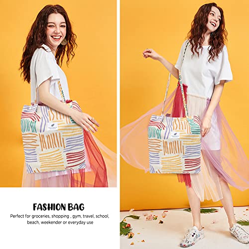 Ayieyill Corduroy Tote Bag for Women Canvas Shoulder Cord Purse with Inner Pocket - color: Colorful Stripes