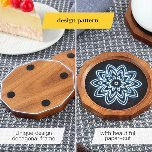 Wood Coasters for Drinks Absorbent with Lip, 4.3 Inch Rustic Acacia Wood Black Felt Coaster with Holder for Wooden Coffee Table for Cups, Mugs, and Glasses - Set of 6 - color: Black Felt
