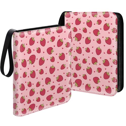 Card Binder 400 Pockets, 50 Sleeves Large Binder Trading Cards Holder 4 Pocket, Storage Organizer, Album Folder Case Protector Collector Gift Pink Cute Strawberry - color: Pink Cute Strawberry, size: 4 Pocket