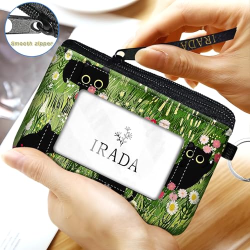 IRADA ID Case Wallet Keychain with Clear ID Window Zipper Cute Coin Purse for Women Water Resistant Small Coin Pouch-Black Cat Floral Keychain Wallet - color: Black Cat Floral-Keychain Wallet
