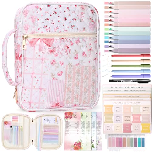 XKDOUS Bible Cover Case for Women Bible Bag Journaling Kit w/Study Supplies - color: Pink Bow Patchwork, size: Large