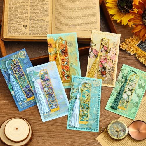 6 Pieces Metal Bookmarks with Tassel, Golden Hollow Bookmark Oil Painting Theme Book Mark Bookmarks for Book Lovers Writers Readers Children Teens Men Women Adults - style: 6Pcs Flowers