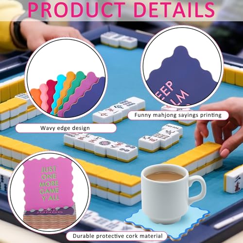Newtay 8 Packs Mahjong Coasters 4'' Cute Wavy Edge Cork Coasters for Colorful Cups Drinks Table Protection Game Night Party Supplies Mahjong Accessories Gifts (Funny Sayings) - style: Funny Sayings