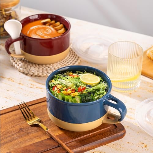 GBhome Ceramic Soup Mugs with Handles and Lids,24 OZ Soup Cups Set of 2 - color: Blue&Red