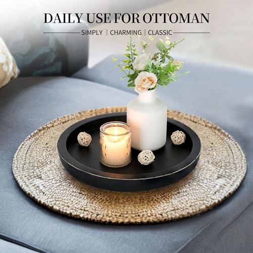 Hanobe Wooden Tray for Coffee Table: Candle Holder Plate Black Round Decorative Serving Tray - Vintage Table Centerpiece Rustic Farmhouse Home Decor - color: Black
