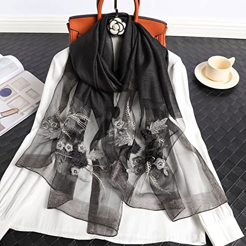 Jeelow Long Silk Blend Embroidered Floral Shawl Scarf Wrap for Women - color: Black