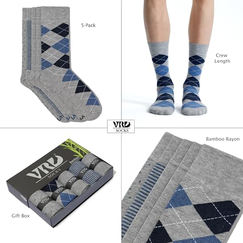 VRD Men's Dress Socks Bamboo Rayon, 5-Pack Crew Socks, Multiple Colors and Designs, Shoe Size 8-13, Gift Box - color: 04: Light Grey, 5-pack Mix (2 Solid, 1 Striped, 1 Dotted, 1 Argyle)