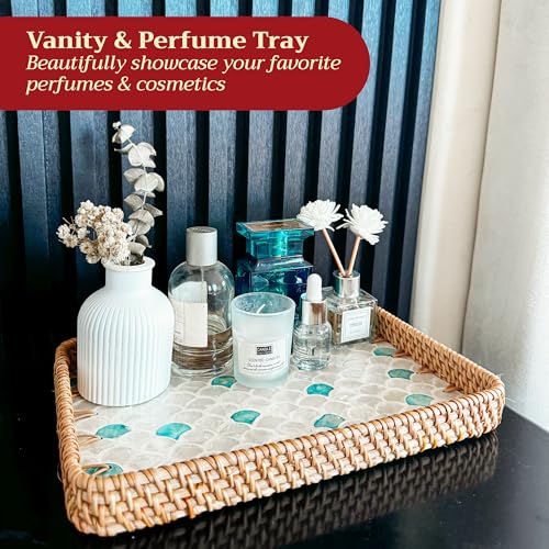 Rattan Rectangle Tray with Mother of Pearl Inlay – Unique Decorative Rattan Serving Tray for Coffee Table, Bathroom Vanity, Perfume & Nightstand – Ideals for Housewarming (Fin 11.8") - color: Fin 11.8"