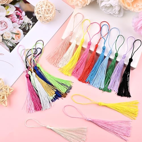 NACHLYNN 120 Pcs Bookmark Tassels Bulk 13cm/5 Inch Silky Handmade Soft Craft Mini Tassels for Jewelry Keychain Making with Loops for Dress Decoration DIY Craft Accessory (20 Colors) - color: 20 Colors
