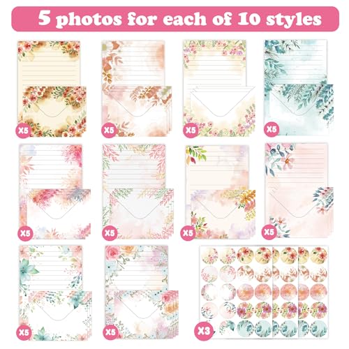 Stationery Paper Envelopes Set 160 Pcs - 50 Lined Writing Paper, 50 Envelopes, 60 Dot Stickers, Vintage/Floral/Leaf/Watercolor Multi-Style Options (STATIONERY-160PCS-FLORAL) - style: FLORAL