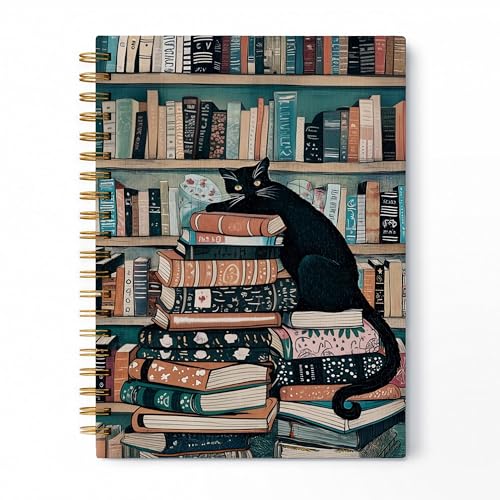Black Cat Library Bookshelf Spiral Notebook, Black Cat Lover Gifts Journal, Book Lover Bookish Bookworm Librarian Gifts Hardcover Lined Notebook Journal, 5.5x8.3 Inch - color: pattern-7
