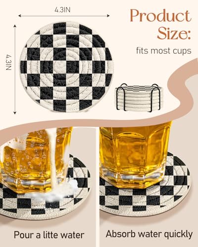 Absorbent Cup Coasters Set of 6 with Holder, Check Pattern - color: Check Pattern