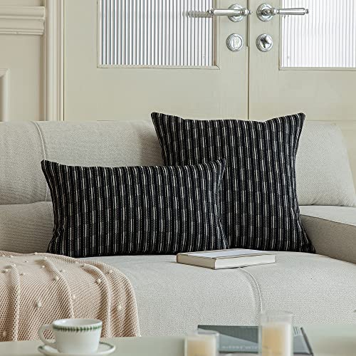Kevin Textile Pack of 2 Farmhouse Throw Pillow Covers Boho Woven Texture Linen Striped Decorative Pillow Cases for Couch Bed and Chair, Black 12 x 20 inches 30 x 50 cm - color: A-black, size: 20" x 12" (Pack of 2)