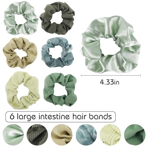 Scrunchies for Women Girls 6Pcs Green Satin Scrunchies for Long Thick Hair Ultra Textured Soft Cotton Scrunchy Hair Ties No Damage Neutral Scrunchie Cute Hair Bands Ponytail Holders Hair Accessories - color: C-Green 6PCS