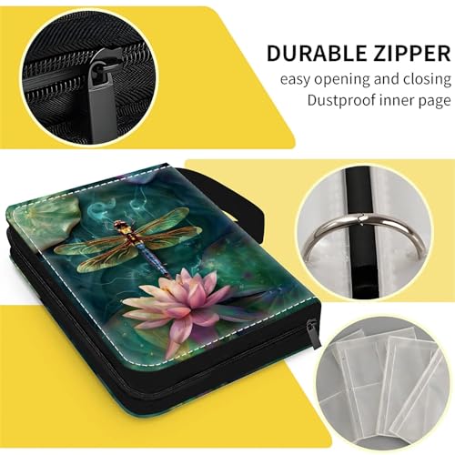 Card Binder 400 Pockets, 50 Sleeves Large Binder Trading Cards Holder 4 Pocket, Storage Organizer, Album Folder Case Protector Collector Gift Colourful Dragonfly Pink Lily Pads Resting - color: Colourful Dragonfly Pink Lily Pads Resting, size: 4 Pocket