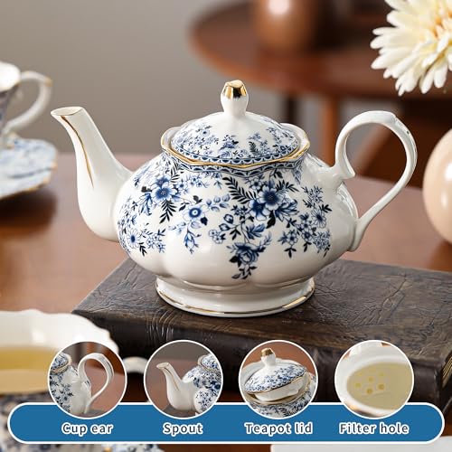 TATSUMI Country Roses Porcelain Tea Set, European Ceramic tea set for one or two,Vintage Style, For Women and Tea Parties (BLUE, 7 Pieces Set) - color: Blue, size: 7 Pieces Set