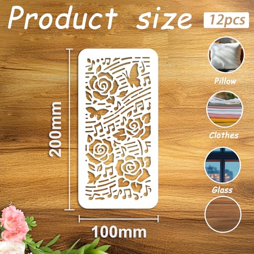12Pcs Musical Note Stencil PET Painting Templates Inlay Border Stencils for Furniture Reusable DIY Craft for Wall Wood Fabric Canvas Paper Home Decor - color: note element
