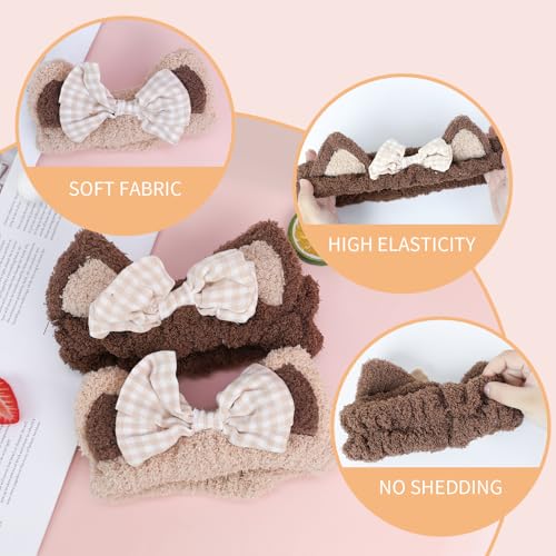 PERFECTSIGHT Kawaii Headband for Spa, Makeup, Washing Face, Party - 2 Pack Cute Cat Ear Hair Band for Shower Beauty Skincare, Soft Facial Headbands for Girls and Women (Beige+Coffee Bow) - color: Beige+Coffee Bow