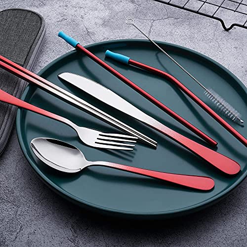 Travel Utensils Set with Case Reusable Portable Cutlery Set Stainless Steel 8pcs Including Dinner Knife Fork Spoon Chopsticks straws (Gradient Red) - color: Gradient Red