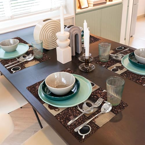 Coffee Print Placemats - Rectangle Modern Art Cup and Bean Abstract Heart Design - Linen Place Mats Set of 4 for Dining Room, Kitchen, Living Room, Party - color: Coffee-1, size: 12x18"Placemats x4