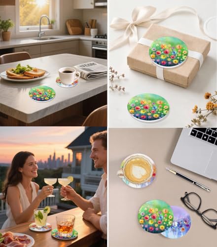 Nikyi 6 Pcs Watercolor Floral Ceramic Drink Coasters, Absorbent Round Coaster with Cork Backing & Metal Holder, Abstract Flower Coasters Perfect for Coffee Table Office Home Decor & Housewarming Gift - color: Watercolor Floral
