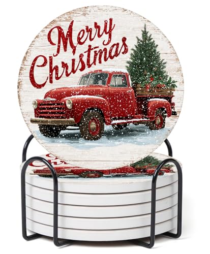 Nikyi 6 Pcs Vintage Red Truck and Christmas Tree Ceramic Absorbent Coasters, Round Drink Coaster with Metal Holder and Cork Base, for Coffee Table Kitchen Bedroom Living Office Desk Home Decor or Gift - color: Vintage Red Truck and Christmas Tree