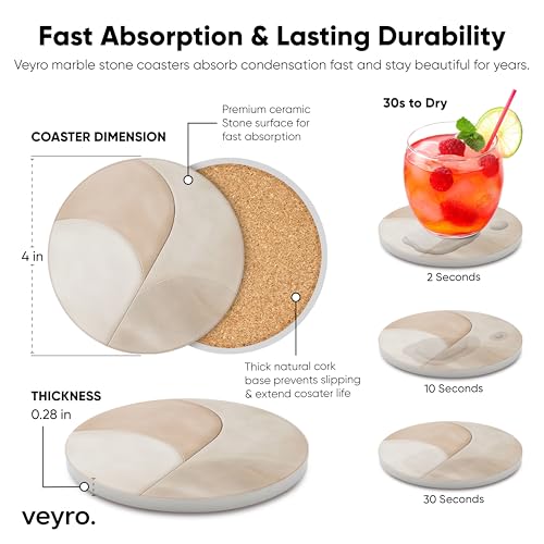 VEYRO Ceramic Coasters Set of 6 – Absorbent Stone Drink Coasters with Holder, Non-Slip Cork Backing, Modern Marble Look Coasters for Coffee Table, Desk & Home Decor - color: Clay 2, size: Set of 6