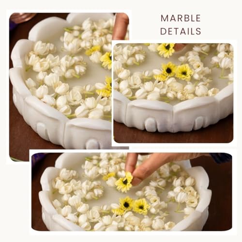 RITUALISTIC Padma Makrana Marble Urli Bowl (23×23×5 cm) | Natural White Marble with Lotus Design | Floating Candles & Flower Décor | Pooja Room Living Room Festive Display | Diwali Housewarming Gift - style: Padma Marble Urli