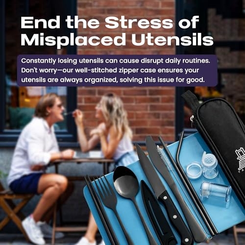 Travel Utensils With Case, 10 Pcs portable silverware set (Black) - color: Black, size: 10 Pieces