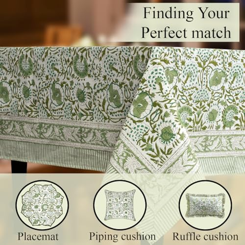 CPC Agate Green Block Print 100% Cotton Rectangle Tablecloth 60x108 Inch - color: Agate Green, size: 108" x 60" (Rectangular)
