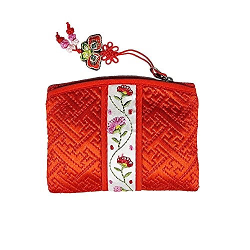 Seoulful Vintage Korean Embroidered Card Pouch - Wildflower Design Coin Purse with Butterfly Charm - Traditional Korean New Year & Chuseok Gift (Red) - color: Red