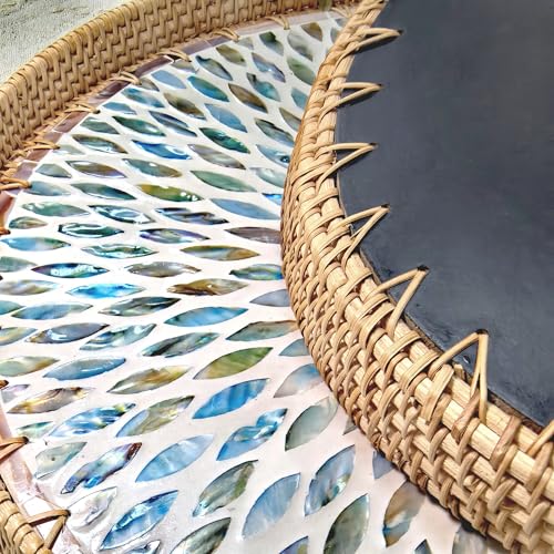 i-lan 18-Inch Large Round Mother of Pearl Rattan Decorative Serving Tray - size: 17.8"