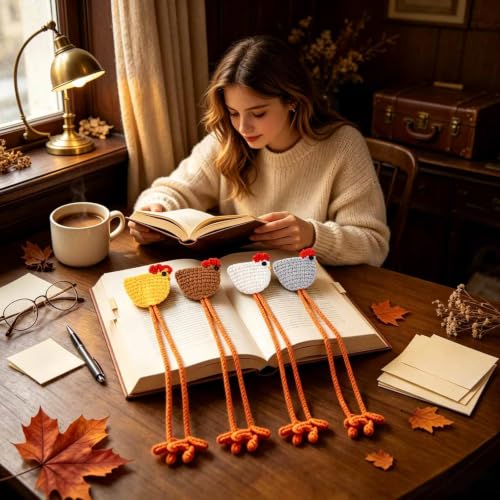 4 Pack Fall Crochet Chicken Bookmarks Chick Book Marks for Reading Gifts - color: Colorful Chicken