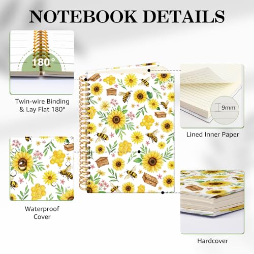 ERHACHAIJIA Sunflower & Bee Lined Spiral Notebook for Women Flower Lover - color: Yellow-brown