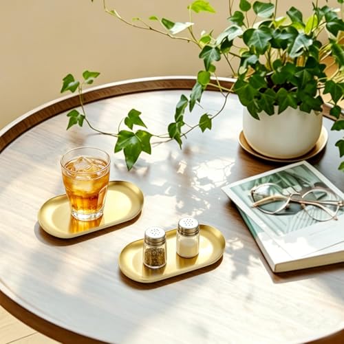 2 Pcs 7" Stainless Steel Decorative Tray Oval Jewelry Dish Cosmetics Organizer Bathroom Vanity Serving Platter Small Storage Trinket Ring Holder for Perfume Candle Key (Gold) - color: Gold
