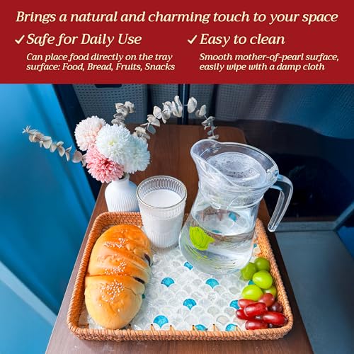 Rattan Tray Rectangle with Mother of Pearl – Unique Decorative Rattan Serving Tray for Food, Bread, Fruits, Snacks & Organizing Bathroom, Coffee Table – Christmas & Housewarming Gift (Fin 13.3"x9.4") - color: Fin 13.3"