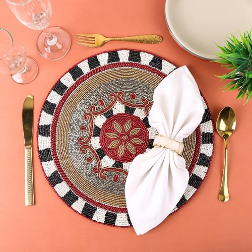 Beaded Placematss for Dining Table, 13 Inches Beaded Placemats for Farmhouse Decor and Kitchen Table Décor, Round Table Mats Set of 1 for Dining Tables, Non-Slip Place mats - ALPHA Living HOME - color: Red Black, size: Set of 1