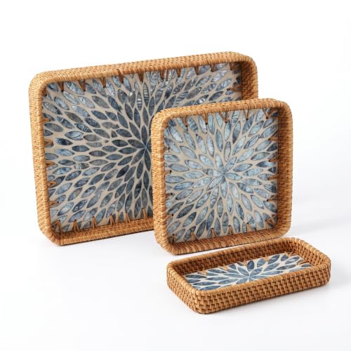 Handwoven Rattan Tray Set of 3 with Mother of Pearl Blue Floral Inlay - color: Blue Floral